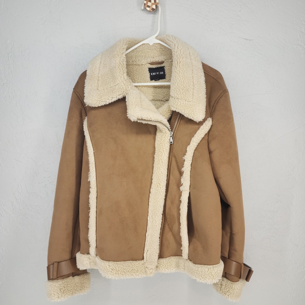 Express Large | Brown Faux Suede Shearling Moto Jacket Aviator‎ Winter Coat
